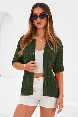 MASCOMODA Women Summer Cable Knit Crochet Cardigan Sweaters Casual Button Short Sleeve Sweater Cute Beach Hollow Out Knit Top(Army Green,Small) - Thumbnail 3