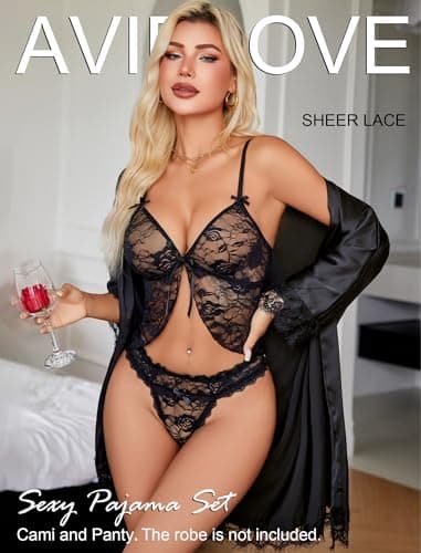 Avidlove Sexy Lingerie for Women Pajama Sets Lace Pjs Open Front Cami and Panty Set Sleepwear Black XL - Thumbnail 4