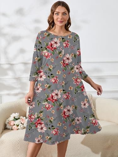 AusLook Women's Plus Midi Dresses Crew Neck A Line 3/4 Sleeves Casual Elegant Loose Flowy Wedding Guest Maternity Vacation Beach Slate Gray Watercolor Bouquet 5X Dress with Pockets - Thumbnail 3