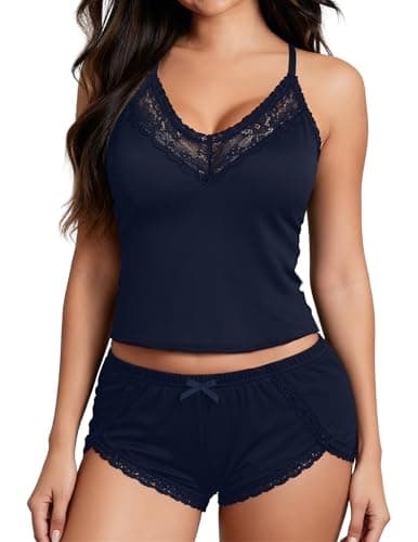 Tidouk Women's Sexy Pajama Set Lace Lingerie Nightwear Cami PJ Sets with Elastic Waist Shorts(Navy Blue,XX-Large) - Image 1