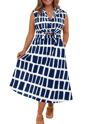 Beautife Summer Plus Size Dresses for Curvy Women Boho Printed Cocktail Midi Dresses V Neck Sleeveless with Pocket Blue