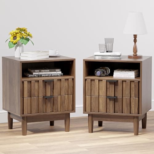 HOCAT Fluted Nightstand Set of 2,Night Stand with Solid Wood Legs,Bedside Table with 2 Storage Drawers and Open Wood Shelf, End Side Table for Bedroom,Walnut