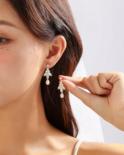 Pearl Earrings for Women, 14k Gold Plated Dangle Pearl Earrings Bridal Shower Gifts Wedding jewelry for Women - Thumbnail 2