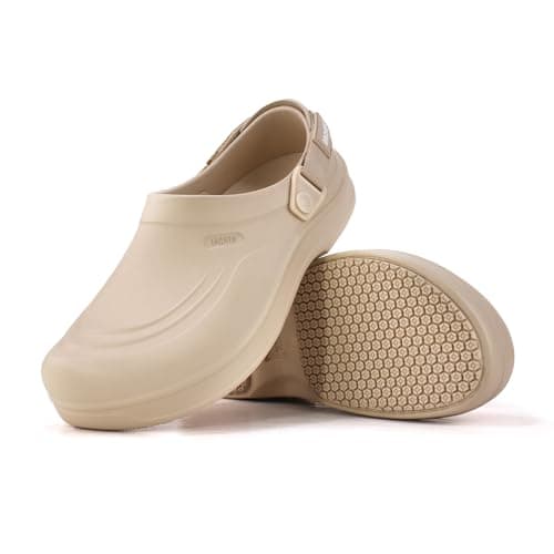 Jacata Mens Slip Resistant Chef Shoes Non Slip Kitchen Work Clogs with Arch Support Oil Water Resistant for Food Service Nursing Gardening Crews Health Care Restaurant Footwear （Off-White 9） - Image 1
