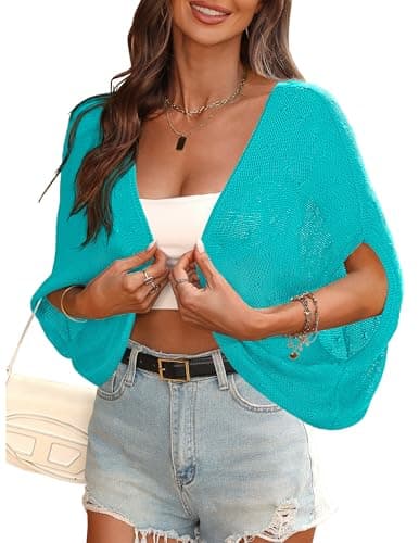 Womens 3/4 Sleeve Cardigan Sweater Lightweight Cropped Cardigan Trendy Dressy Casual Crochet Bolero Shrugs Sky Blue L - Image 1