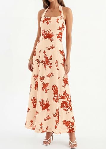 KIRUNDO Women's Summer Sleeveless Halter Floral Maxi Dress 2026 Beach Wedding Guest Cocktail Mesh Flowy A Line Long Sundress(Apricot, XX-Large) - Thumbnail 6