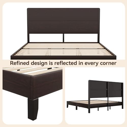 AMICLIBER Wood King Bed Frame, Platform Bed with Tall Headboard, Solid Wood Slat Support, Noise-Free Mattress Foundation, No Box Spring Needed, Easy Assembly, Brown - Thumbnail 4