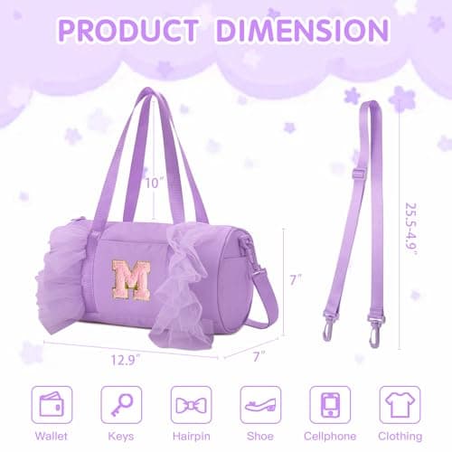 Gitus Birthday Gifts for Girls Age 4-8 Personalized Dance Bag Duffle Bags with Initial Letter Patch Ballets Bag for Girls Mini Travel Tote (Lavender-M) - Thumbnail 3