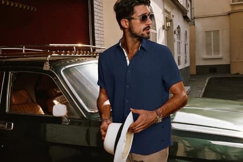 PJ PAUL JONES Men's Button Down Short Sleeve Shirt Casual Summer Beach Textured Wedding Shirts - Thumbnail 4