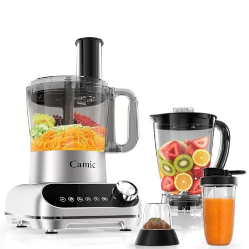 Camic Blender & Food Processor Combo,6 Functions for Smoothies,Chopping,Slicing,Shredding,Grinding,Dough,72-oz.Blender Pitche,64-oz. Processor Bowl,To-Go Cup,Grinder Cup (Silver-Upgraded Version)