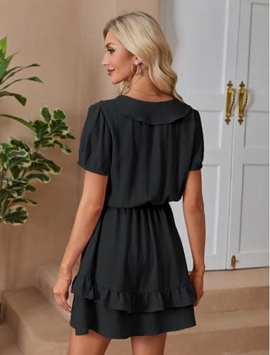 Angashion Womens Tie Front Mini Dress: V Neck Long Sleeve Layer Ruffle Hem Dress with Pockets 2491Black Small - Thumbnail 6