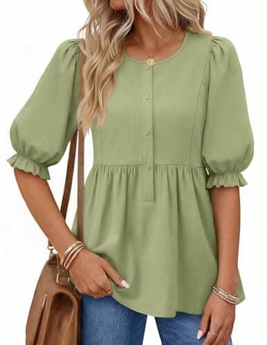 MEROKEETY Women's Summer Babydoll Peplum Tops Blouse 2026 Puff Short Sleeve Crewneck Ruffle Casual Cute Shirts, Green, X-Large - Image 1
