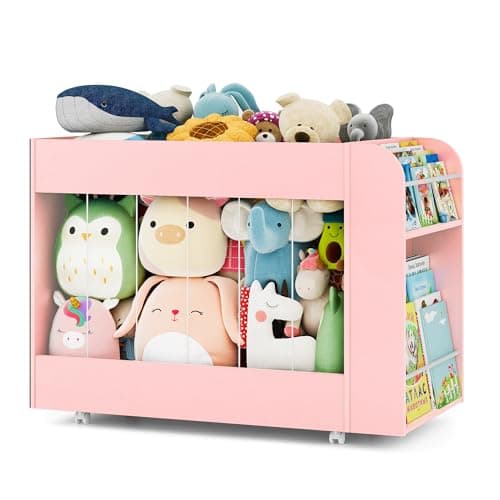 Kids Toy Storage Organizer with Drawing Chalkboard, Toy Storage Box with Stuffed Animal Storage and 2-Tier Kids Bookshelf, Toy Organizer Chest with 360° Wheels for Playroom, Nursery, Bedroom, Pink - Image 1