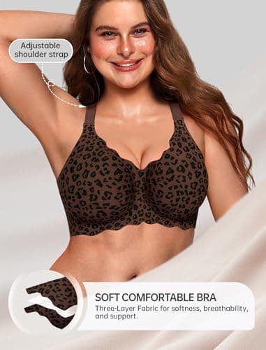 OEAK Women Jelly Bras No Underwire Scalloped Push Up Buttery Soft Tshirt Bra Seamless Full Coverage Convertible Everyday Bra Leopard Coffee,4XL - Thumbnail 4