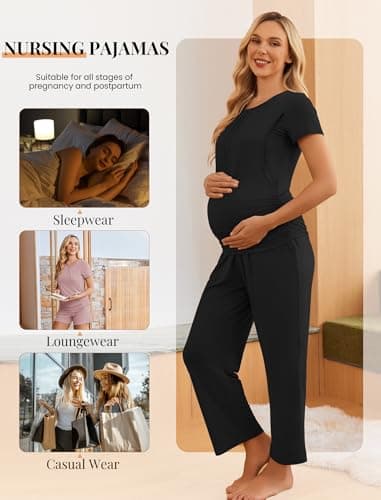Ekouaer Nursing Pajamas Maternity Lounge Set Postpartum Outfits Breastfeeding Shirts Pregnancy Shorts & Pants Black L - Thumbnail 5