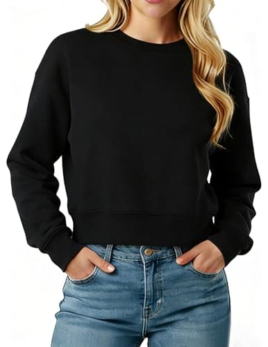 LETSEE Cropped Sweatshirt for Women Oversized Crewneck Cotton Long Sleeve Crop Pullover Casual Lightweight Boxy Sweater Black - Image 1