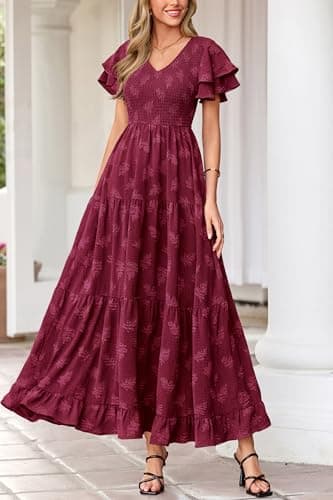 dowerme Maxi Dresses for Women 2026 Summer Ruffle Sleeve V Neck Smocked A Line Floral Boho Tiered Sundress Spring Outfit(Burgundy,Medium) - Thumbnail 6