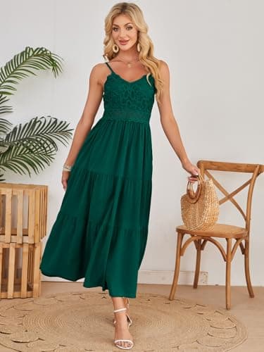 Dokuritu Women's Beach Crochet Lace Maxi Dress Solid Color Summer Vacation Spaghetti Strap Long Dress 2025 - Thumbnail 5