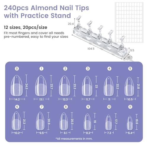 Wilfniee Medium Almond Nail Tips: 240PCS Soft Gel Clear Almond Pre-Shaped Nails Tips with Nail Stand, 12 Sizes Full Cover Fake Press on Nails for Acrylic Nail Tip Home DIY Salon Nails - Thumbnail 5
