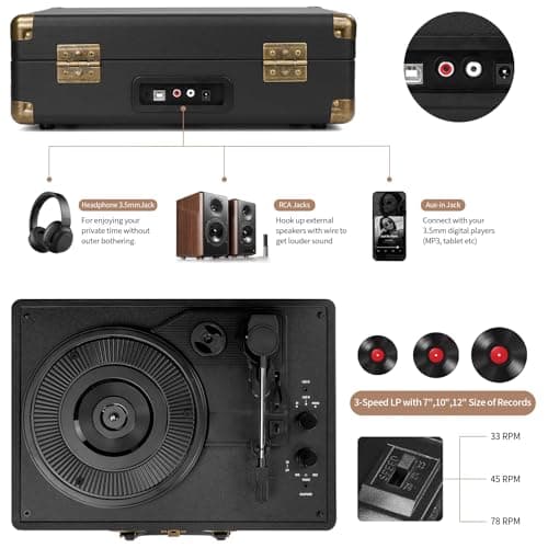 Vinyl Record Player Bluetooth Turntable 3-Speed Suitcase Portable Vintage Belt-Driven Record Player with Built-in Speakers RCA Line Out AUX in Headphone Jack LP Recording to Convert Records to MP3 - Thumbnail 3