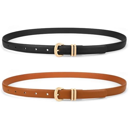 WHIPPY 2 Pack Skinny Leather Belts for Women Thin Ladies Fashion Belt C-Shaped Gold Buckle Black Belt for Jeans Pants Dresses, Black+Brown, M - Image 1