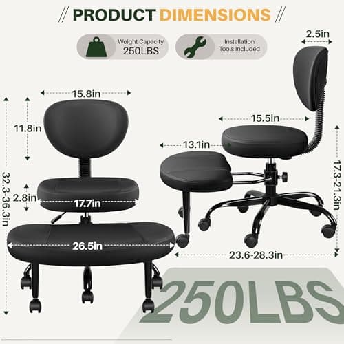 Primy Criss Cross Office Chair - ADHD Cross Legged Chair with Wheels - Adjustable Height Ergonomic Kneeling Desk Chairs for Meditation Yoga Home Office with Backrest, 360°Rotating Footrest - Black - Thumbnail 2