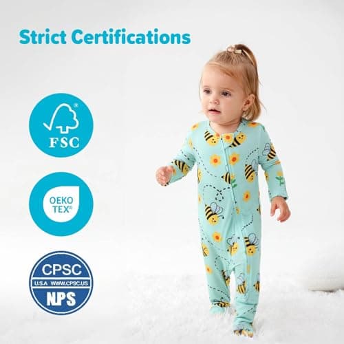 Baby One-Piece Footies Long Sleeve Rompers 2-Way Zipper, Baby Bodysuit Bamboo Clothes for Boys Girls (Bee, Newborn) - Thumbnail 6