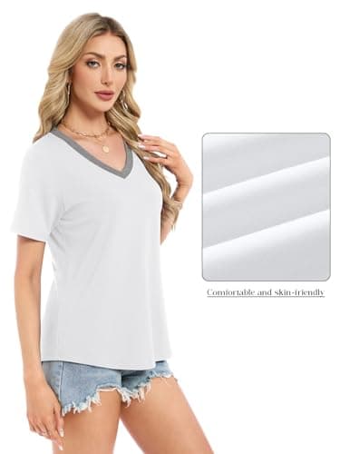 Women Tops Casual Summer T Shirts Short Sleeve V Neck for Ladies Beach Party Clothes Vacation Dressy Tunic Clothes, White/Grey XXL - Thumbnail 4