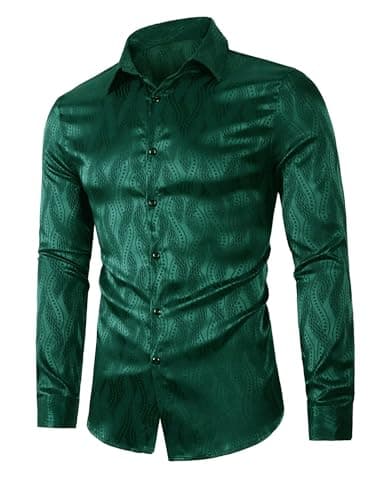 ZAFUL Men's Shiny Satin Shirts Jacquard Long Sleeve Button Up Dress Shirts Wedding Party Club Prom Green L - Thumbnail 6