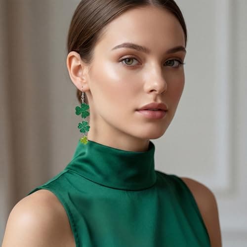 St Patricks Day Shirt Women - Green Shamrock Earrings for Women - St Patricks Day Accessories Outfit | Clover Horseshoe Drop Earrings for Irish Festival Gift - Thumbnail 3