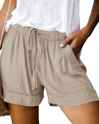 NILOINE Womens Elastic Waist Drawstring Shorts Summer Lightweight Beach Shorts Comfy Casual Short Pants with Pockets(1-Khaki,Small) - Image 1