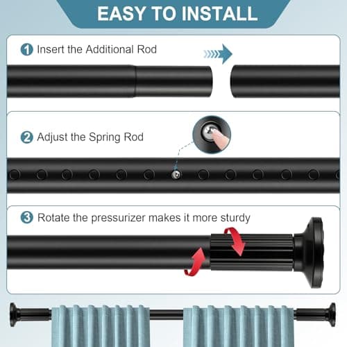 ZOCONE Tension Curtain Rod 51-128 In (4.25-10.5Ft), Shower Curtain Rod No Drilling for Bathroom, Outdoor Curtain Rods for Patio, Adjustable Spring Shower Rod Room Divider Closet Rod, Never Rust, Black - Thumbnail 3