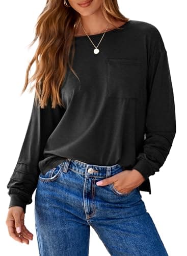 Dokotoo Spring Outfits for Women Fashion 2026 Business Casual Crew Neck Womens Tops Comfy Knit Long Sleeve T Shirts Side Slit Loose Fitted Basic Tees Black Shirts Trendy Clothes Medium - Image 1