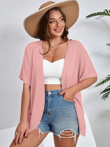 AusLook Women's Plus Size Short Sleeve Lightweight Open Front Cardigan Pink 1X Cover Ups Shrugs Shawls and Wraps Kimono Jacket Coat - Thumbnail 4