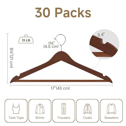 StorageWorks Clothes Hangers, Wooden Hangers 30 Pack for Closet, Wood Hangers for Coats, Shirts, Jackets, Pants, Suits, Walnut Color - Thumbnail 2