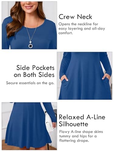 AusLook Women's Plus Midi Dress Long Sleeve Crew Neck A-Line Casual Swing Flowy Floral Vacation Boho Fall Maternity Wedding Guest Work Blue 5X 2025 Dresses - Thumbnail 4