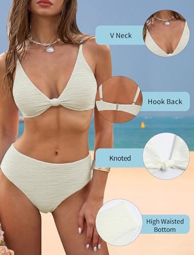 ZAFUL Two Piece White Bathing Suits for Women High Waisted V Neck Knot Front Swimsuits Cheeky High Cut Thong Bikini Set L - Thumbnail 4