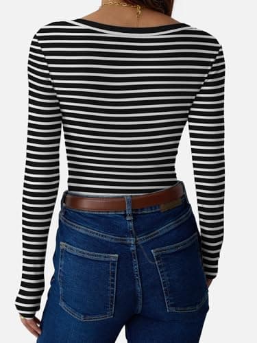GKBK Womens 3/4 Sleeve Scoop Neck Tops Ribbed Knit Slim Fitted Casual Basic Tee Shirts 2026 Summer Fashion Trendy Work Casual T-Shirt Undershirts Layering Clothes Black White Stripe L - Thumbnail 3