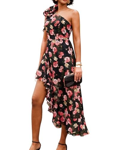 GRACE KARIN Womens Floral One Shoulder Wedding Guest Dresses Sleeveless Flowy Ruffle Sexy Long Sundresses Black 6 - Image 1