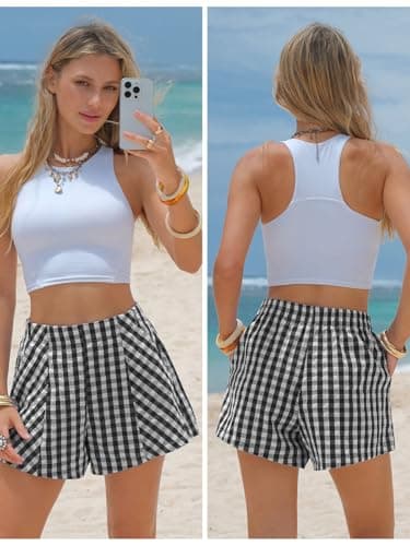 EXLURA Womens Boxer Shorts Summer Casual Cotton Gingham Shorts High Waist Plaid Y2K Beach Bottoms Vacation Outfits 2026 - Thumbnail 2