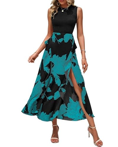 BTFBM Summer Dresses for Women 2026 Casual Spring Floral Sleeveless Ruffle Boho Cocktail Wedding Guest Party Midi Dress(Big Floral Lake Blue, X-Large) - Image 1
