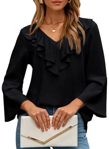 Dokotoo Womens Blouse 3/4 Length Sleeve Shirts for Women Spring Fashion Trendy Ruffle V Neck Causal Tops Dressy Business Top Women's Black Oversized Shirts XX-Large - Image 1