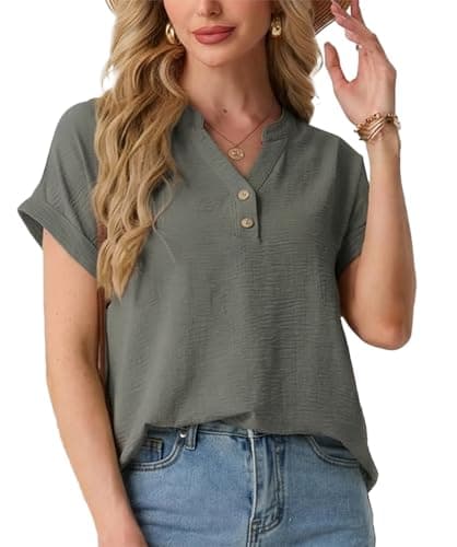 HiMONE Women’s V Neck T Shirts Casual Short Sleeve Tunic Tops Loose Fit Button Front Textured Blouse Summer Lightweight Shirts Smoky Gray - Image 1