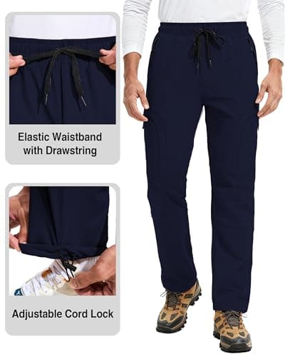 Mens Hiking Pants 5 Pockets Water Resistant Quick Dry Lightweight UPF 50+ Cargo Elastic Waist Drawstring Cuff Work Casual Golf Athletic Travel Jogging Navy Blue M - Thumbnail 6