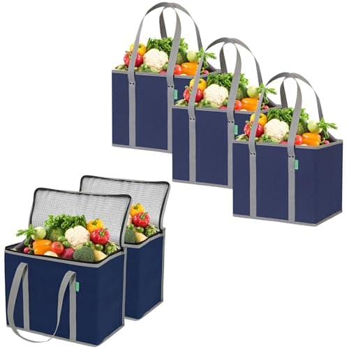 Creative Green Life Ultimate Shopping Bag 5-Pack – Reusable Grocery Box Bags (3) – Insulated Grocery Bags (2) – Premium Quality, Heavy Duty Tote Bag Set
