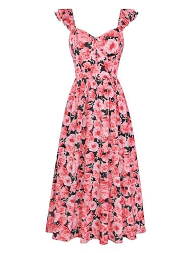 Women Maxi Floral Corset Dress,Milkmaid Sundress,Spring Dresses for Women 2026 Black with red Flowers XXL - Image 1