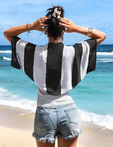 BB&KK Women's Cardigans Short Sleeve Spring Summer Crochet Knit Bolero Shrug 2026 Hollow-Out Batwing Striped Dressy Casual Tops - Thumbnail 3
