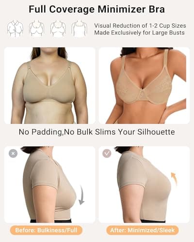 As Fairy Womens Minimizer Unlined Lace Bra 1mm Ultra Thin Sheer Breathable Full Coverage Underwire Plus Size Bras(Warm Beige 36D) - Thumbnail 5
