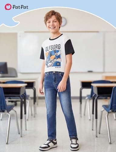 PATPAT Classic Boys Jeans, High Cotton Content Straight Leg Jeans for Boys, Elastic Baggy Pants for Growing Child, Husky Pants with Pockets, Size 6 Blue - Thumbnail 3