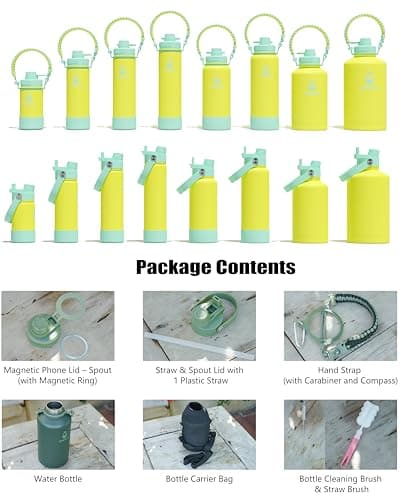 avodvo 1 Gallon Water Bottle with 2 Lids (2-in-1 Straw & Spout Lid, Magnetic Lid), Insulated Water Bottle with Strap, Stainless Steel Water Bottle for Hiking, Gym, Travel, BPA-Free, Yellow - Thumbnail 2